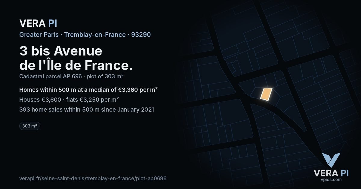 3 bis Avenue de l'Île de France, Tremblay-en-France at night – the plot lit, the parcels around coloured by the prices near them