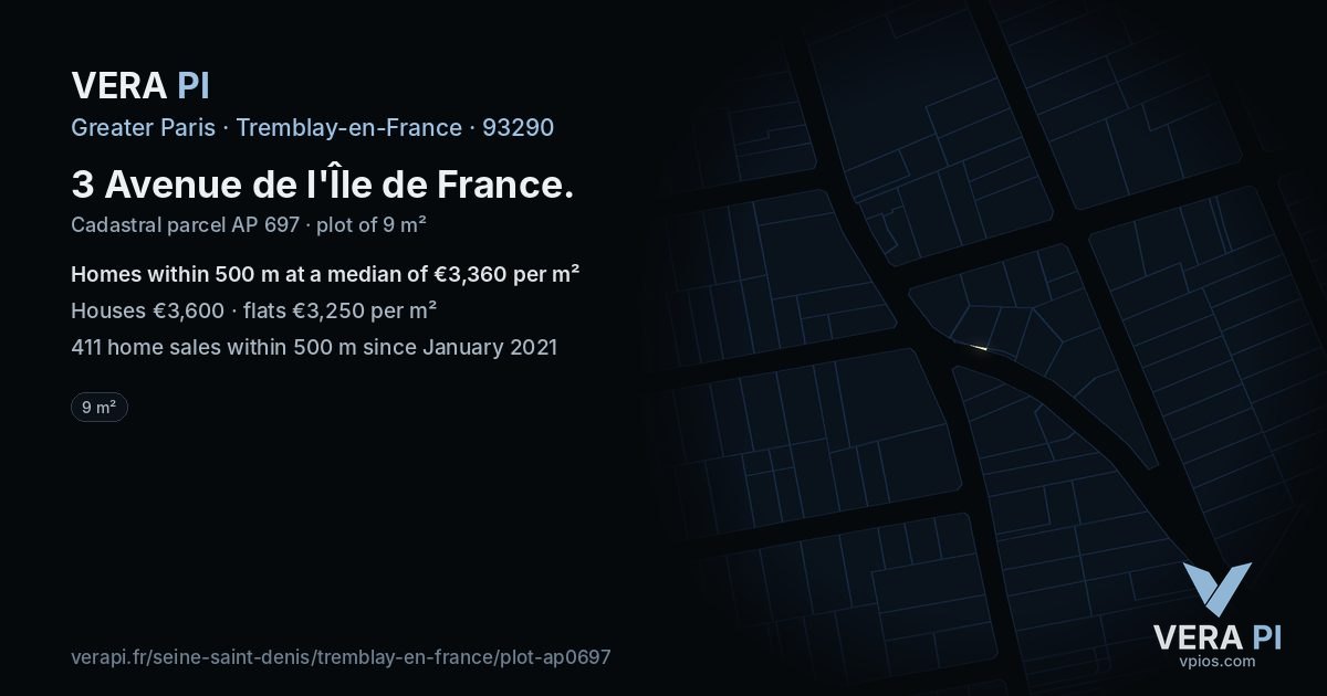 3 Avenue de l'Île de France, Tremblay-en-France at night – the plot lit, the parcels around coloured by the prices near them