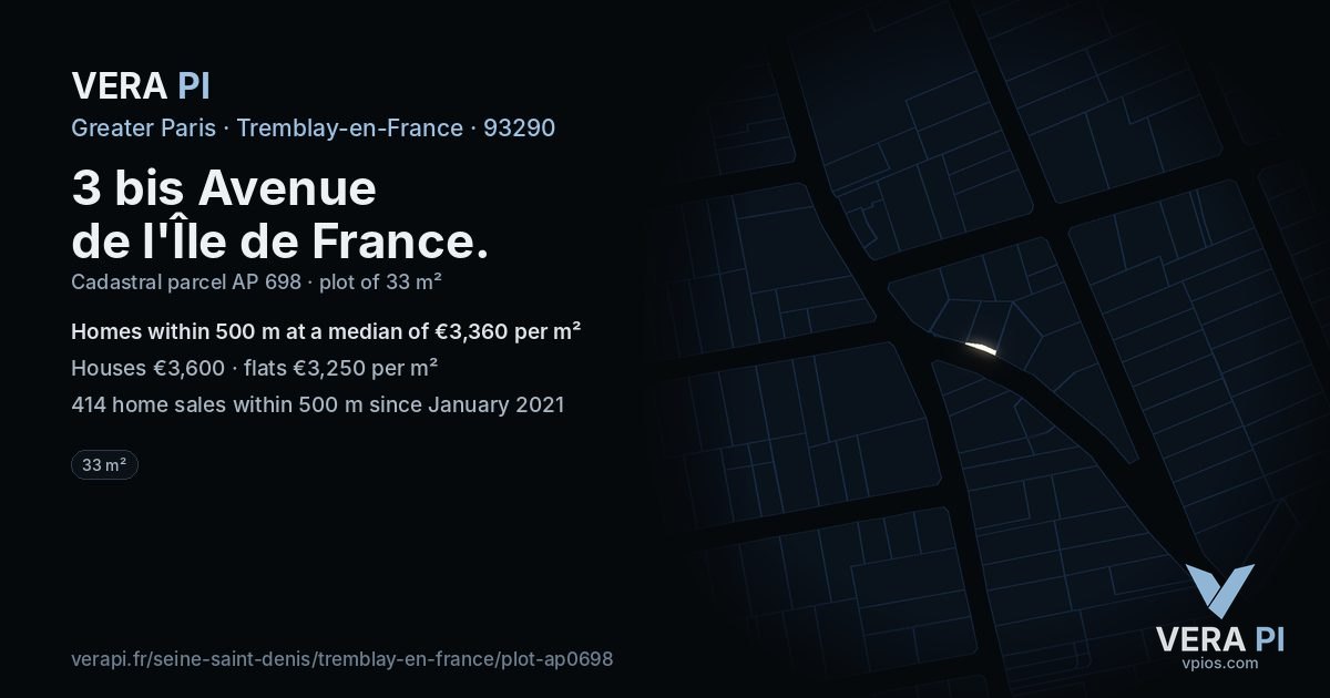 3 bis Avenue de l'Île de France, Tremblay-en-France at night – the plot lit, the parcels around coloured by the prices near them
