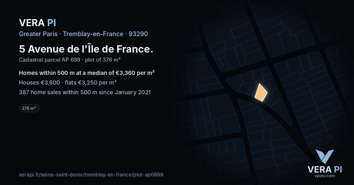 5 Avenue de l'Île de France, Tremblay-en-France at night – the plot lit, the parcels around coloured by the prices near them
