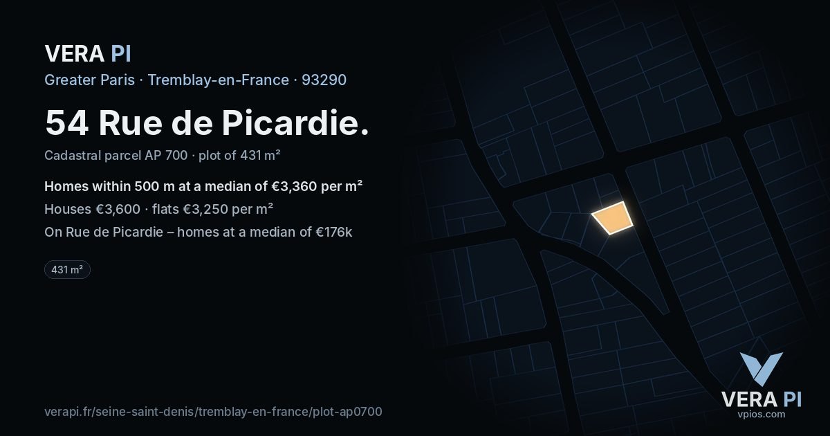54 Rue de Picardie, Tremblay-en-France at night – the plot lit, the parcels around coloured by the prices near them
