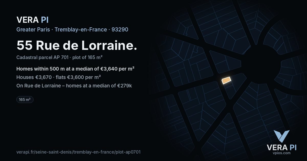 55 Rue de Lorraine, Tremblay-en-France at night – the plot lit, the parcels around coloured by the prices near them