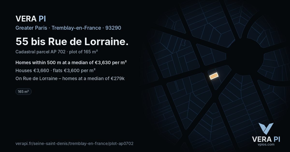 55 bis Rue de Lorraine, Tremblay-en-France at night – the plot lit, the parcels around coloured by the prices near them