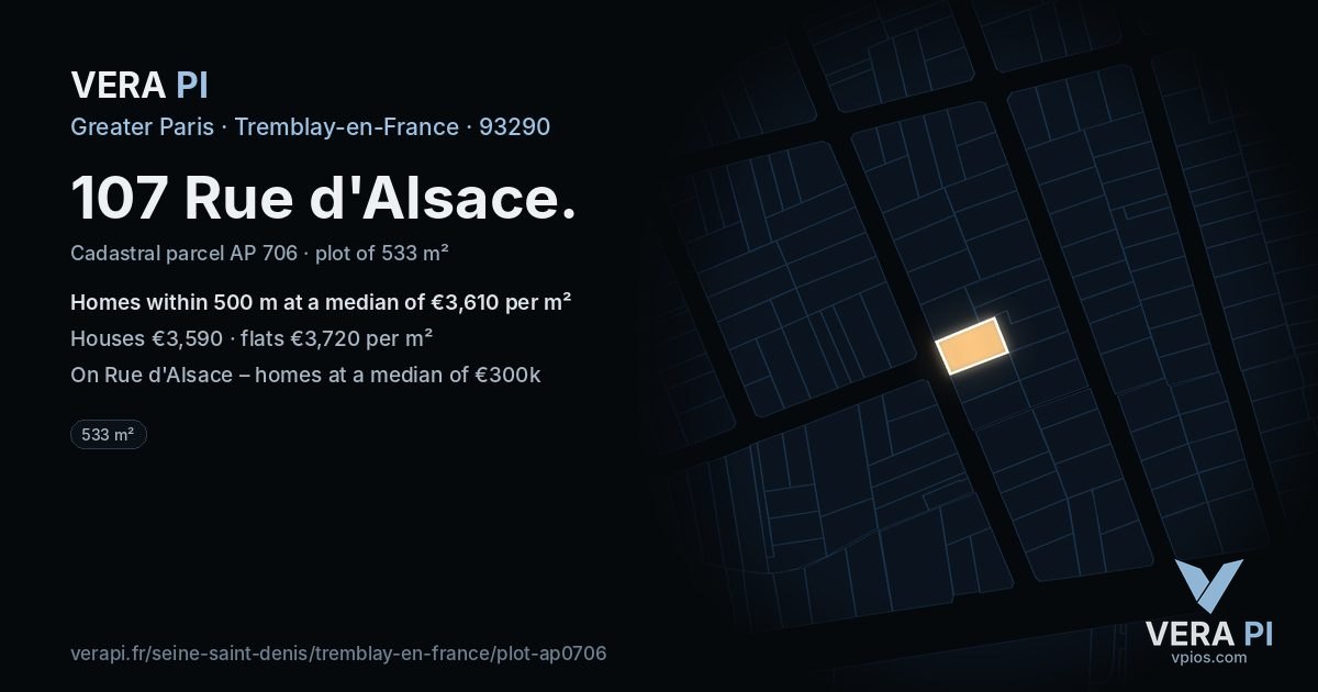 107 Rue d'Alsace, Tremblay-en-France at night – the plot lit, the parcels around coloured by the prices near them