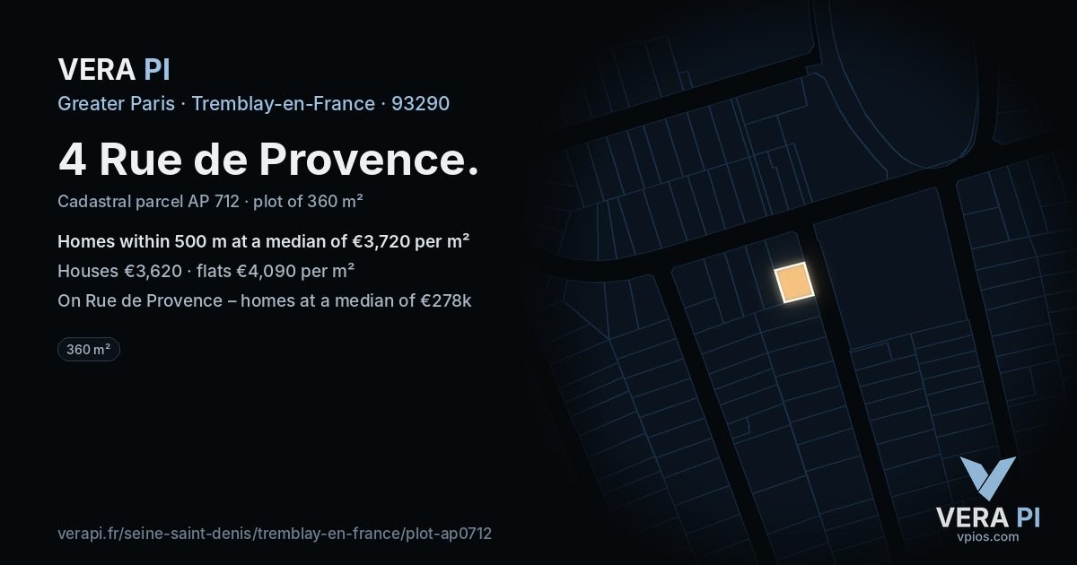 4 Rue de Provence, Tremblay-en-France at night – the plot lit, the parcels around coloured by the prices near them