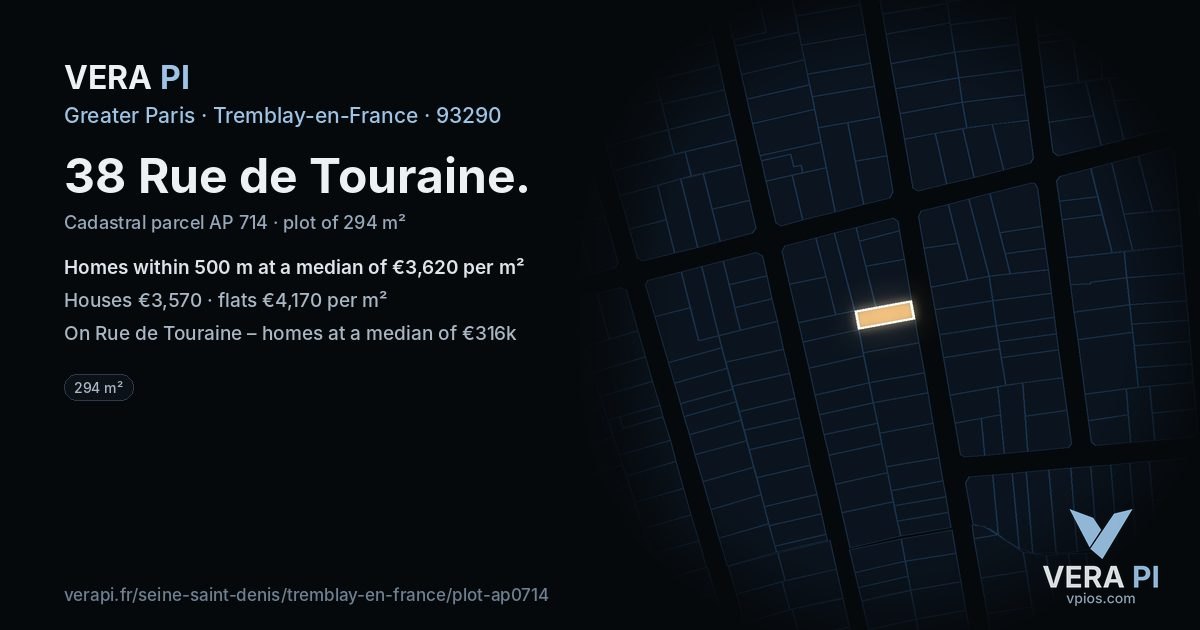 38 Rue de Touraine, Tremblay-en-France at night – the plot lit, the parcels around coloured by the prices near them