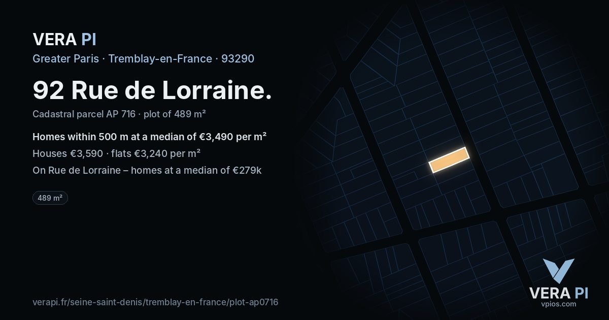 92 Rue de Lorraine, Tremblay-en-France at night – the plot lit, the parcels around coloured by the prices near them