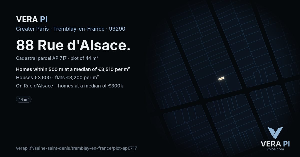 88 Rue d'Alsace, Tremblay-en-France at night – the plot lit, the parcels around coloured by the prices near them
