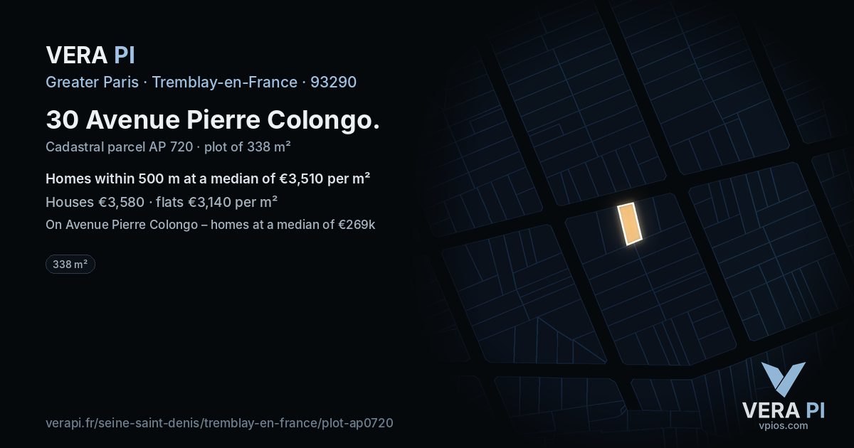 30 Avenue Pierre Colongo, Tremblay-en-France at night – the plot lit, the parcels around coloured by the prices near them