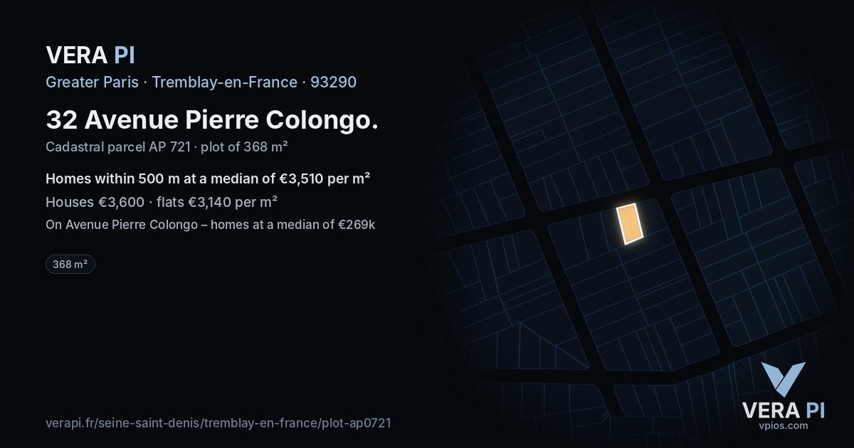32 Avenue Pierre Colongo, Tremblay-en-France at night – the plot lit, the parcels around coloured by the prices near them