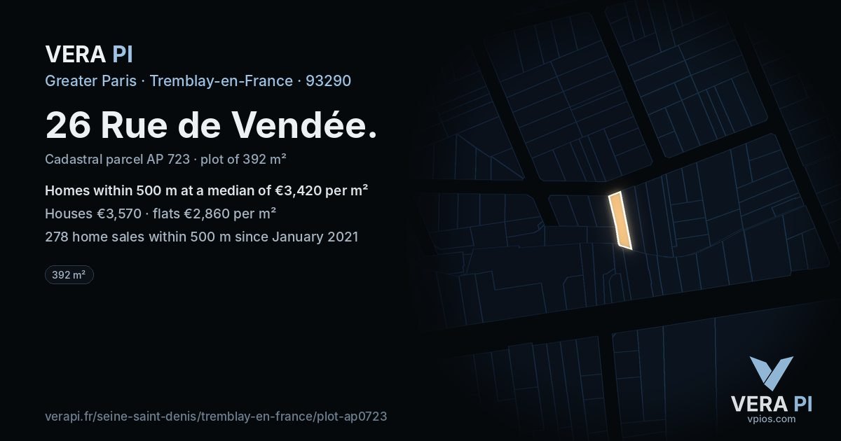 26 Rue de Vendée, Tremblay-en-France at night – the plot lit, the parcels around coloured by the prices near them