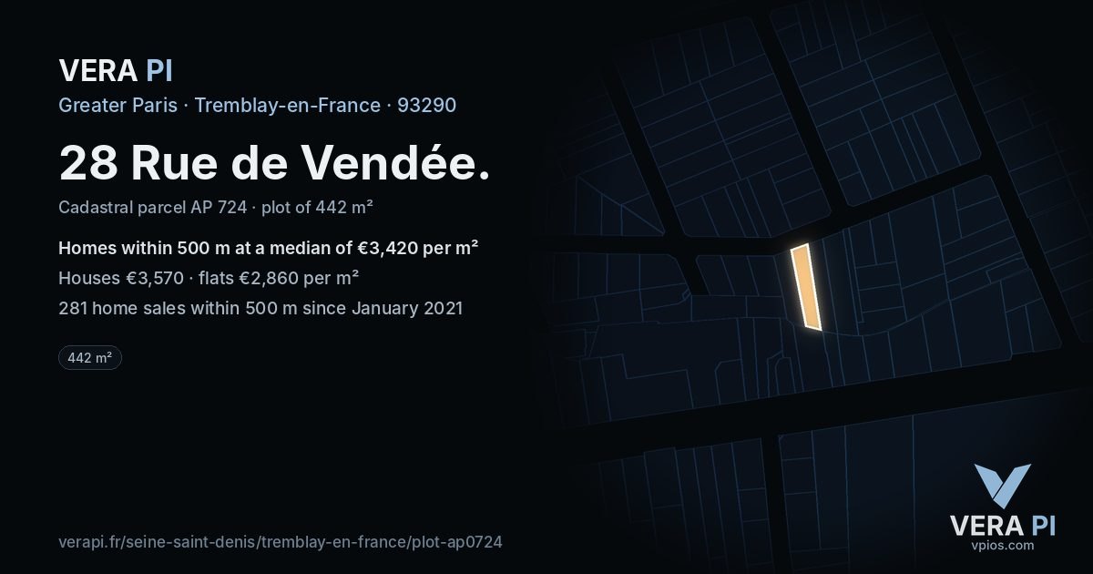 28 Rue de Vendée, Tremblay-en-France at night – the plot lit, the parcels around coloured by the prices near them