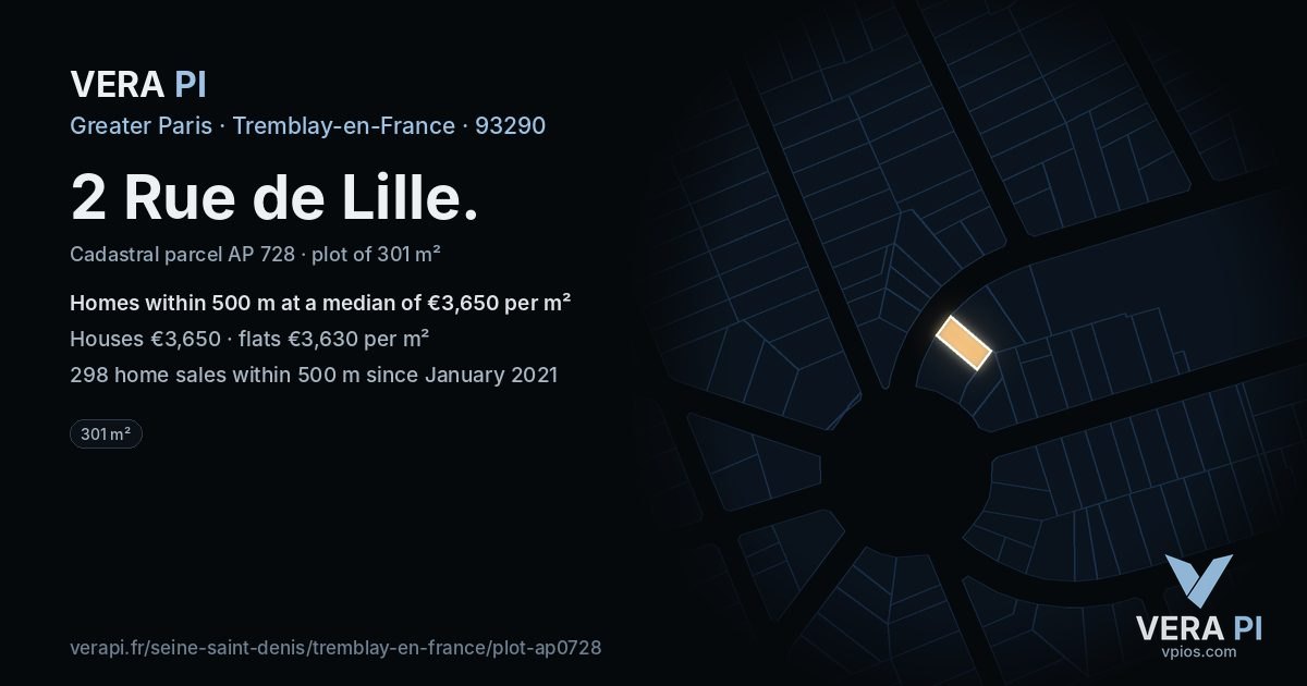 2 Rue de Lille, Tremblay-en-France at night – the plot lit, the parcels around coloured by the prices near them