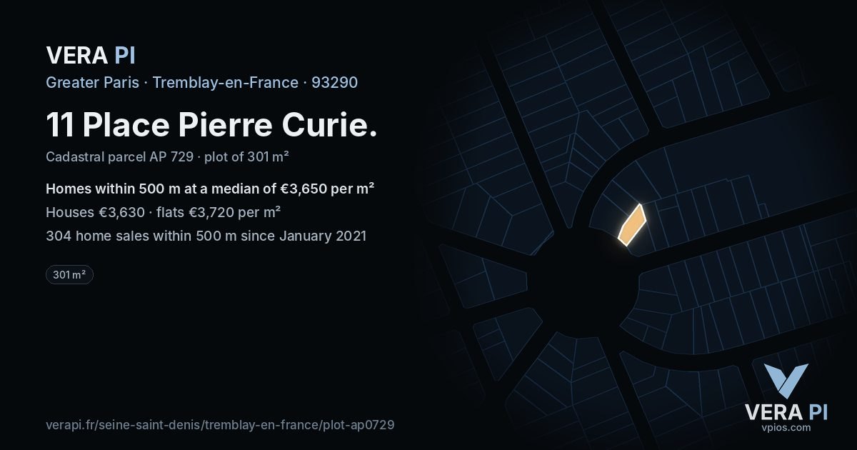 11 Place Pierre Curie, Tremblay-en-France at night – the plot lit, the parcels around coloured by the prices near them