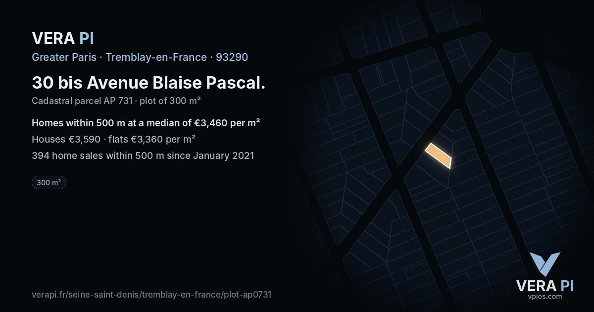 30 bis Avenue Blaise Pascal, Tremblay-en-France at night – the plot lit, the parcels around coloured by the prices near them