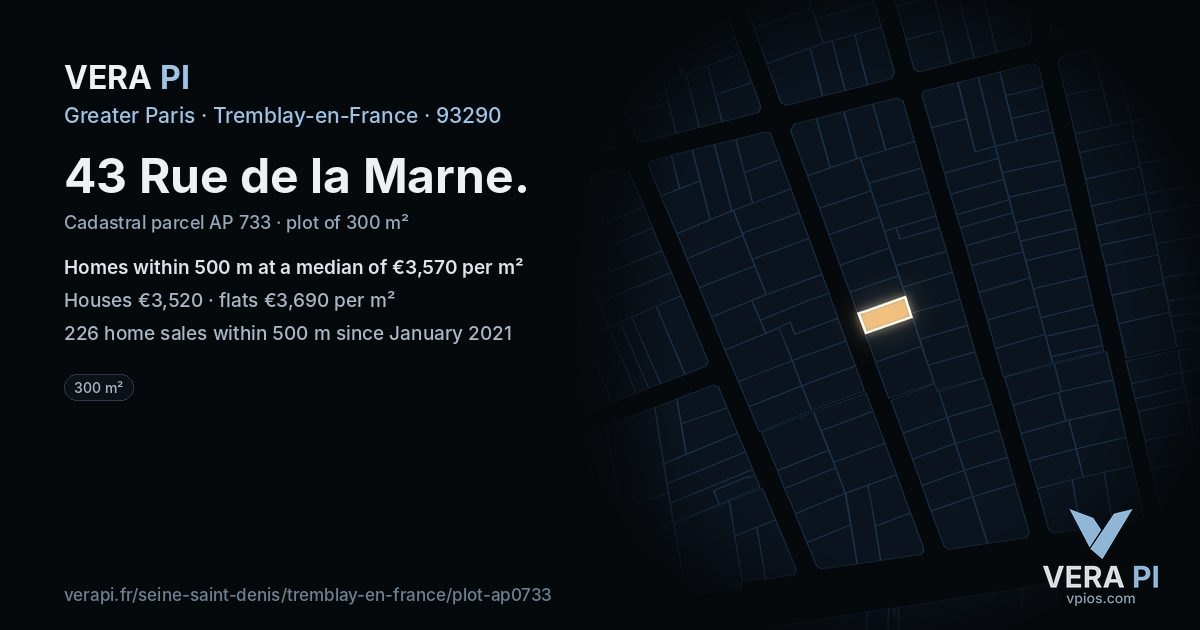 43 Rue de la Marne, Tremblay-en-France at night – the plot lit, the parcels around coloured by the prices near them