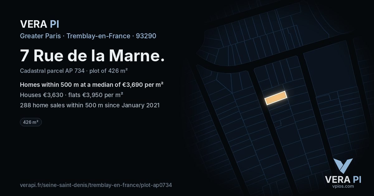 7 Rue de la Marne, Tremblay-en-France at night – the plot lit, the parcels around coloured by the prices near them