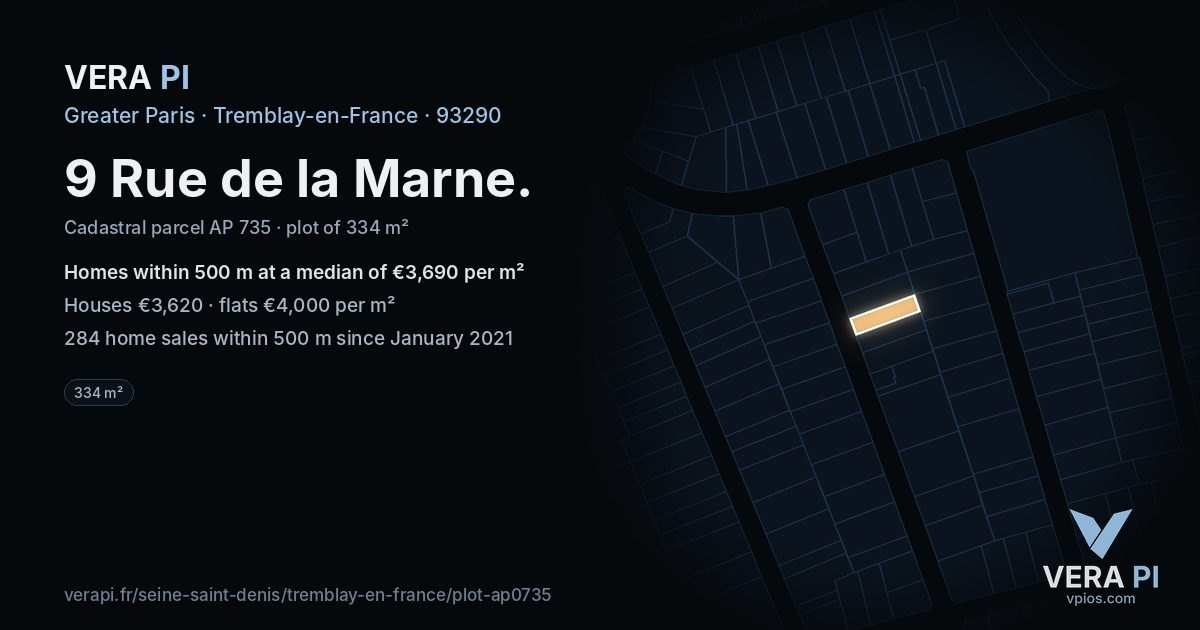9 Rue de la Marne, Tremblay-en-France at night – the plot lit, the parcels around coloured by the prices near them