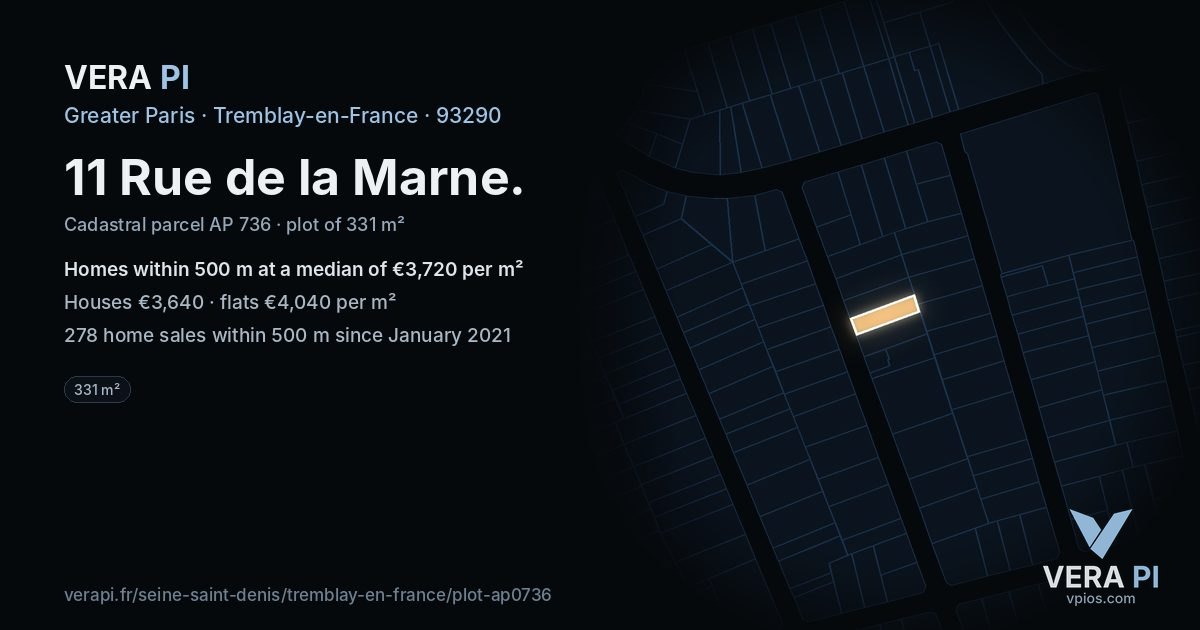 11 Rue de la Marne, Tremblay-en-France at night – the plot lit, the parcels around coloured by the prices near them