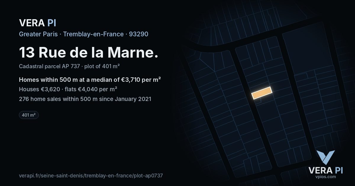 13 Rue de la Marne, Tremblay-en-France at night – the plot lit, the parcels around coloured by the prices near them