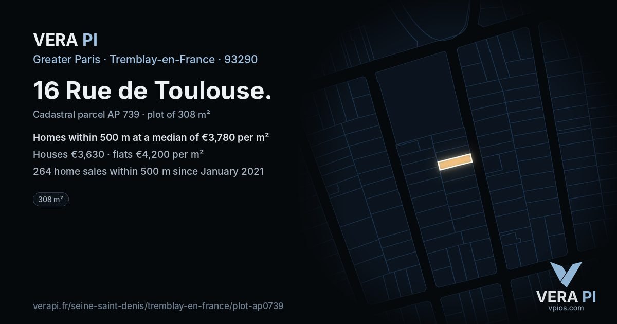 16 Rue de Toulouse, Tremblay-en-France at night – the plot lit, the parcels around coloured by the prices near them
