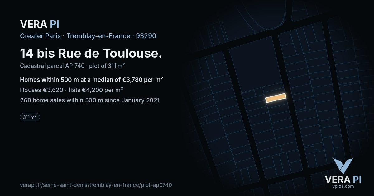 14 bis Rue de Toulouse, Tremblay-en-France at night – the plot lit, the parcels around coloured by the prices near them