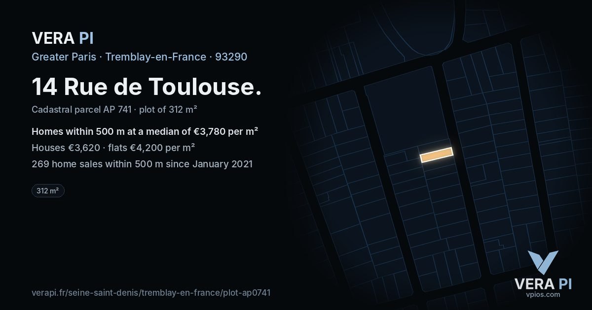 14 Rue de Toulouse, Tremblay-en-France at night – the plot lit, the parcels around coloured by the prices near them