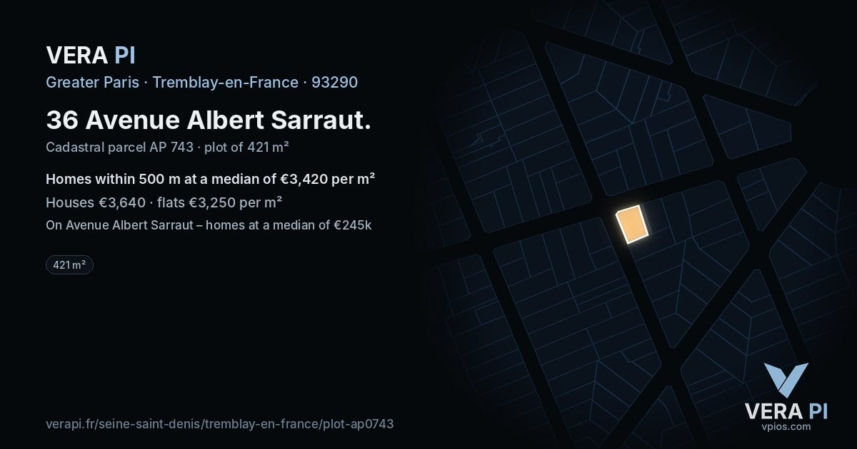 36 Avenue Albert Sarraut, Tremblay-en-France at night – the plot lit, the parcels around coloured by the prices near them