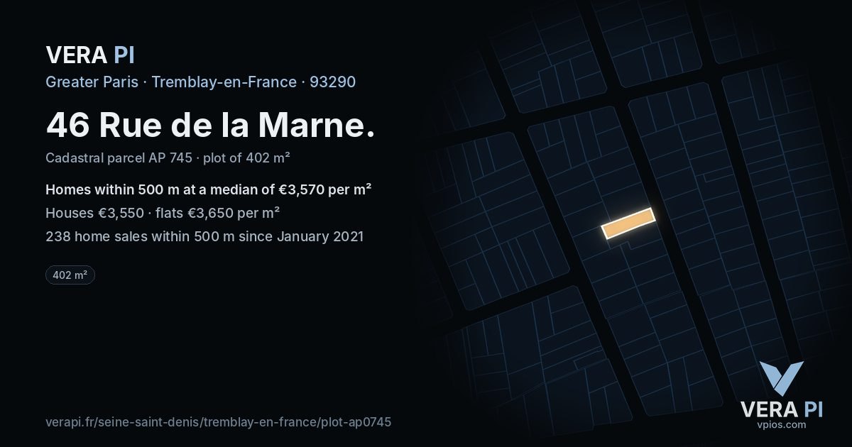 46 Rue de la Marne, Tremblay-en-France at night – the plot lit, the parcels around coloured by the prices near them