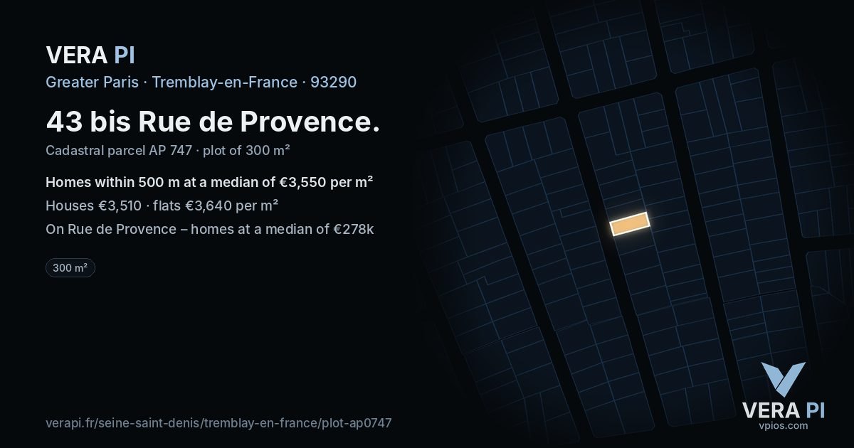 43 bis Rue de Provence, Tremblay-en-France at night – the plot lit, the parcels around coloured by the prices near them