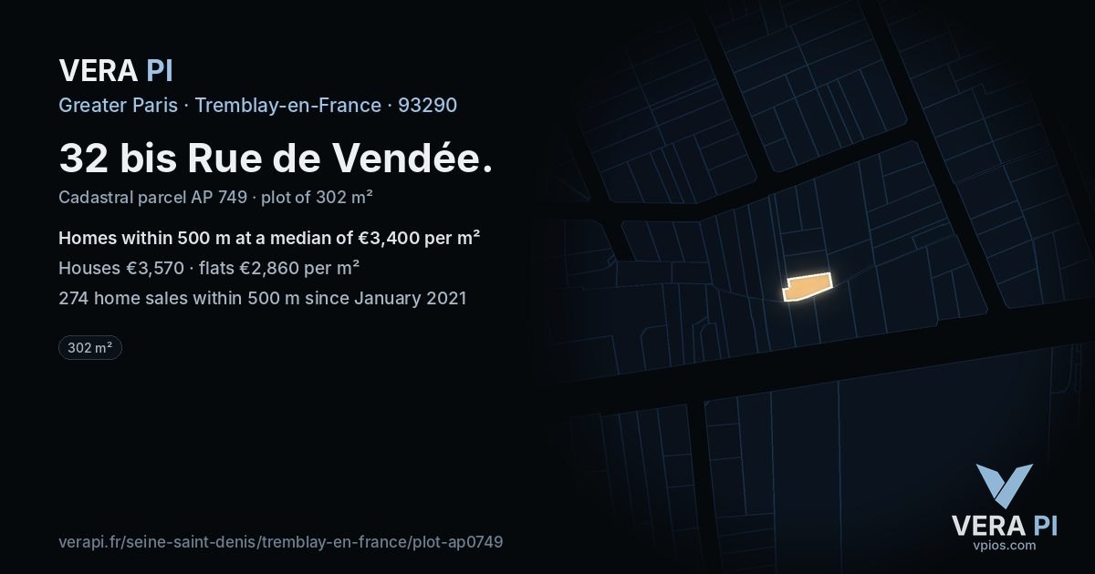 32 bis Rue de Vendée, Tremblay-en-France at night – the plot lit, the parcels around coloured by the prices near them