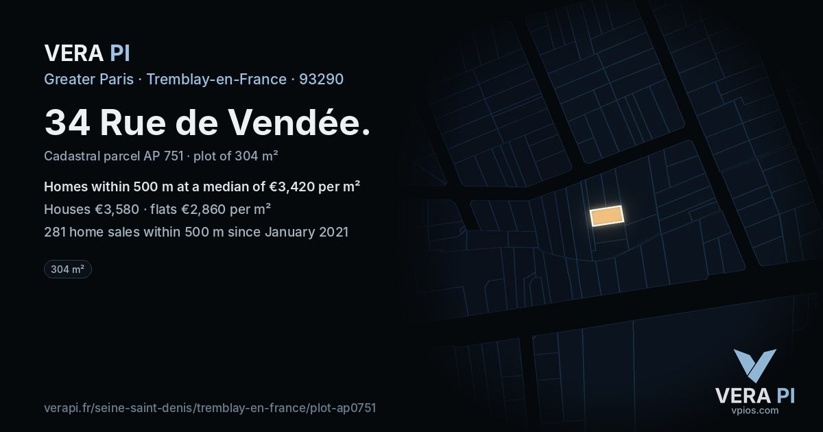 34 Rue de Vendée, Tremblay-en-France at night – the plot lit, the parcels around coloured by the prices near them