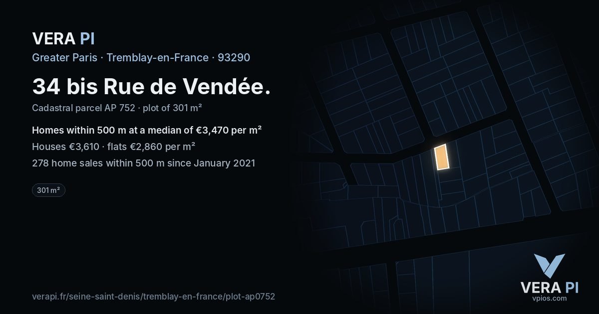 34 bis Rue de Vendée, Tremblay-en-France at night – the plot lit, the parcels around coloured by the prices near them