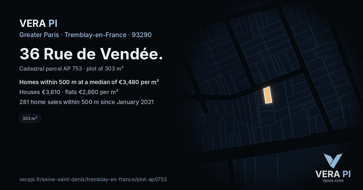 36 Rue de Vendée, Tremblay-en-France at night – the plot lit, the parcels around coloured by the prices near them