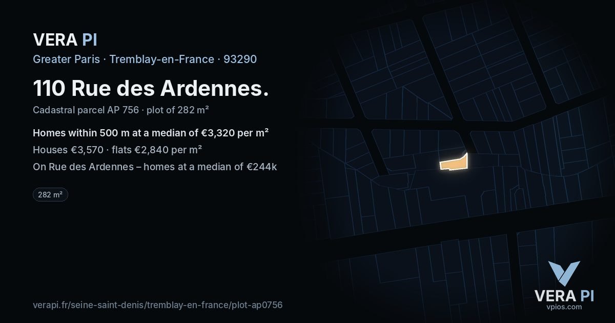 110 Rue des Ardennes, Tremblay-en-France at night – the plot lit, the parcels around coloured by the prices near them
