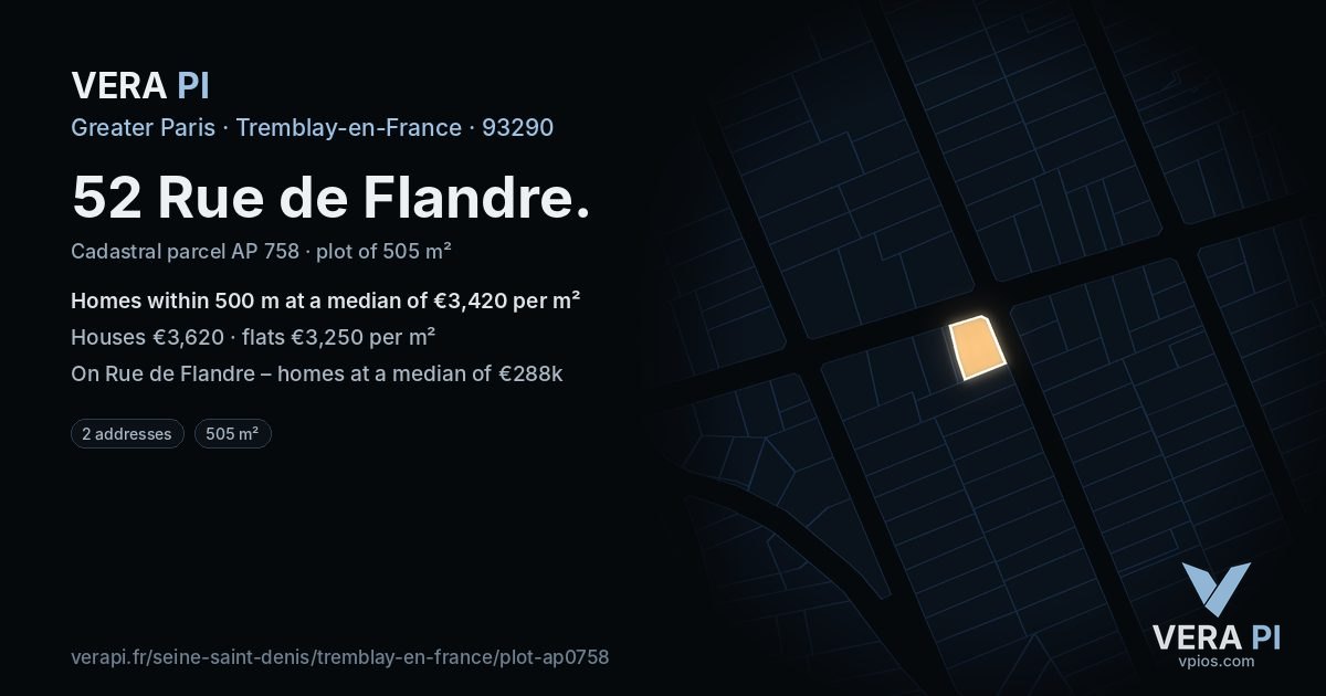 52 Rue de Flandre, Tremblay-en-France at night – the plot lit, the parcels around coloured by the prices near them