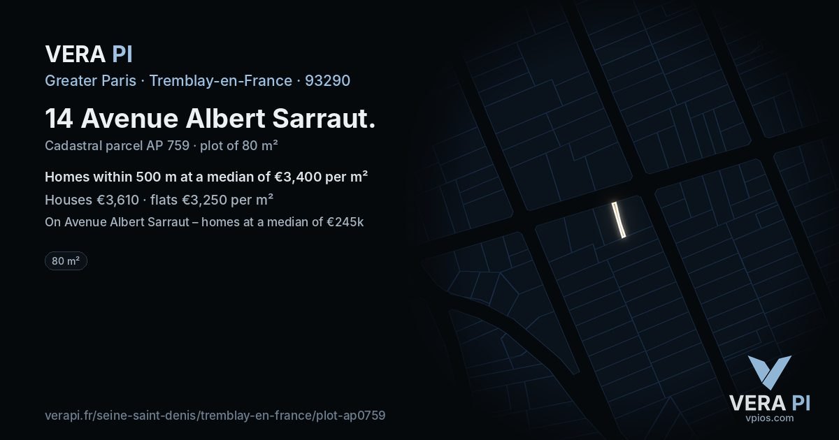 14 Avenue Albert Sarraut, Tremblay-en-France at night – the plot lit, the parcels around coloured by the prices near them