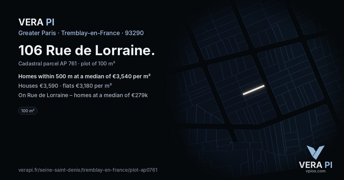 106 Rue de Lorraine, Tremblay-en-France at night – the plot lit, the parcels around coloured by the prices near them