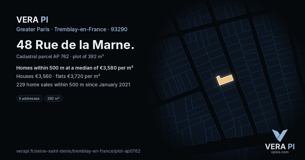 48 Rue de la Marne, Tremblay-en-France at night – the plot lit, the parcels around coloured by the prices near them