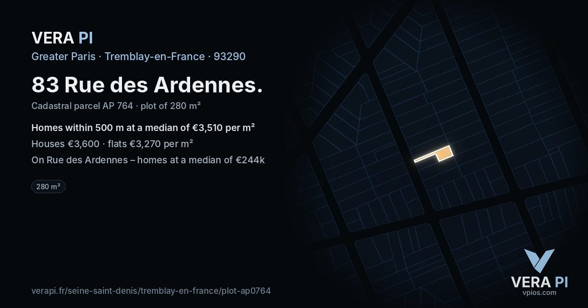 83 Rue des Ardennes, Tremblay-en-France at night – the plot lit, the parcels around coloured by the prices near them