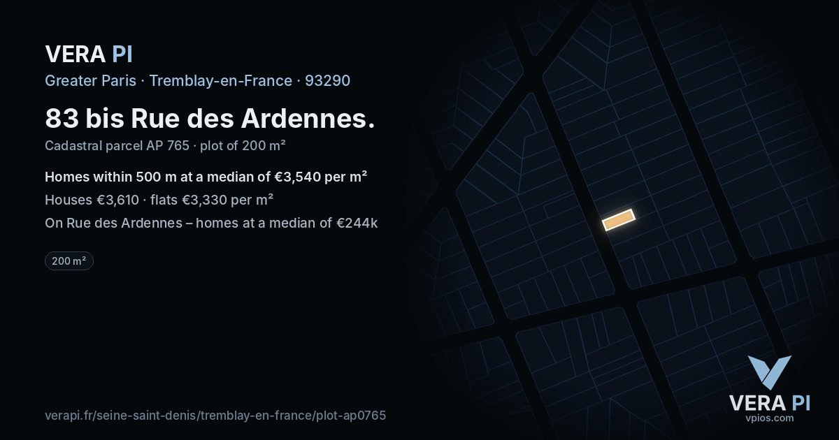 83 bis Rue des Ardennes, Tremblay-en-France at night – the plot lit, the parcels around coloured by the prices near them