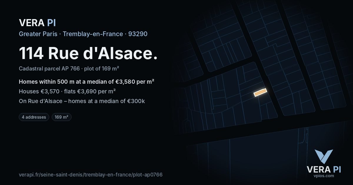 114 Rue d'Alsace, Tremblay-en-France at night – the plot lit, the parcels around coloured by the prices near them