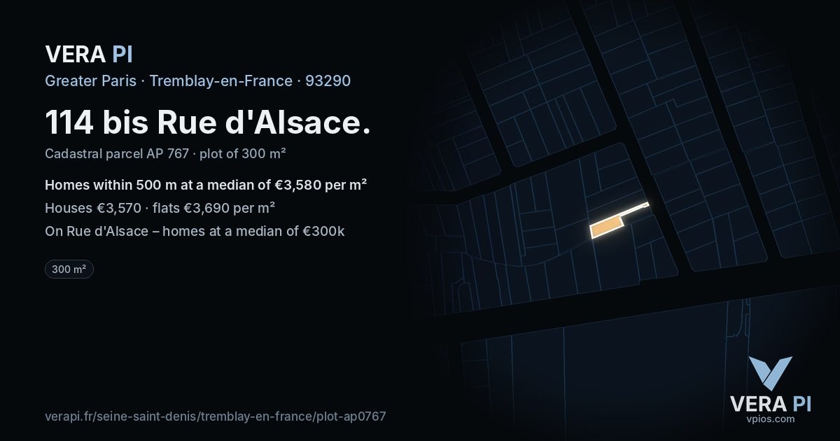114 bis Rue d'Alsace, Tremblay-en-France at night – the plot lit, the parcels around coloured by the prices near them