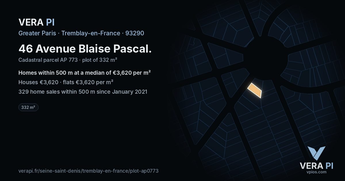 46 Avenue Blaise Pascal, Tremblay-en-France at night – the plot lit, the parcels around coloured by the prices near them