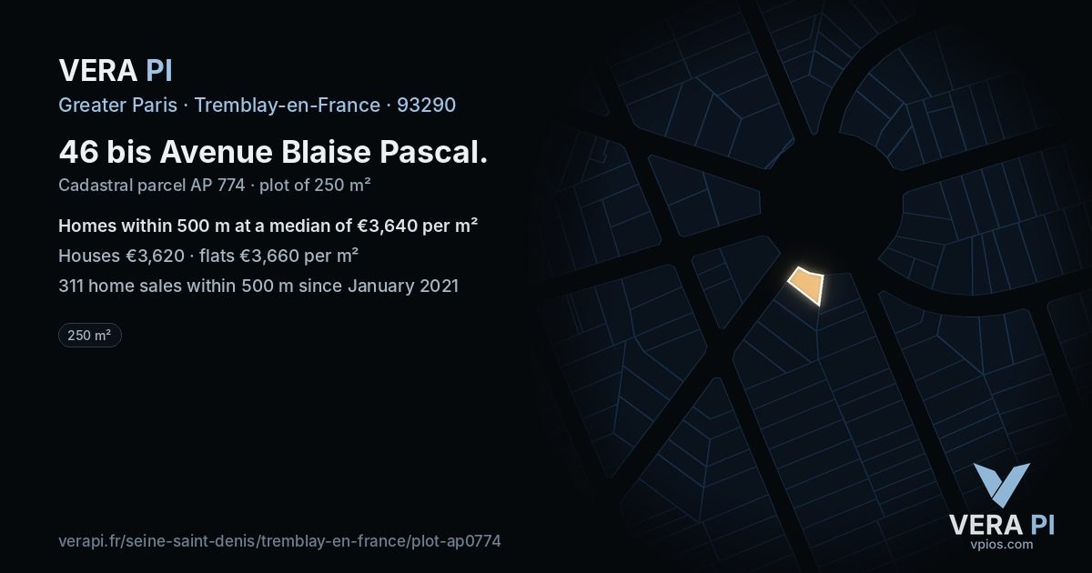 46 bis Avenue Blaise Pascal, Tremblay-en-France at night – the plot lit, the parcels around coloured by the prices near them