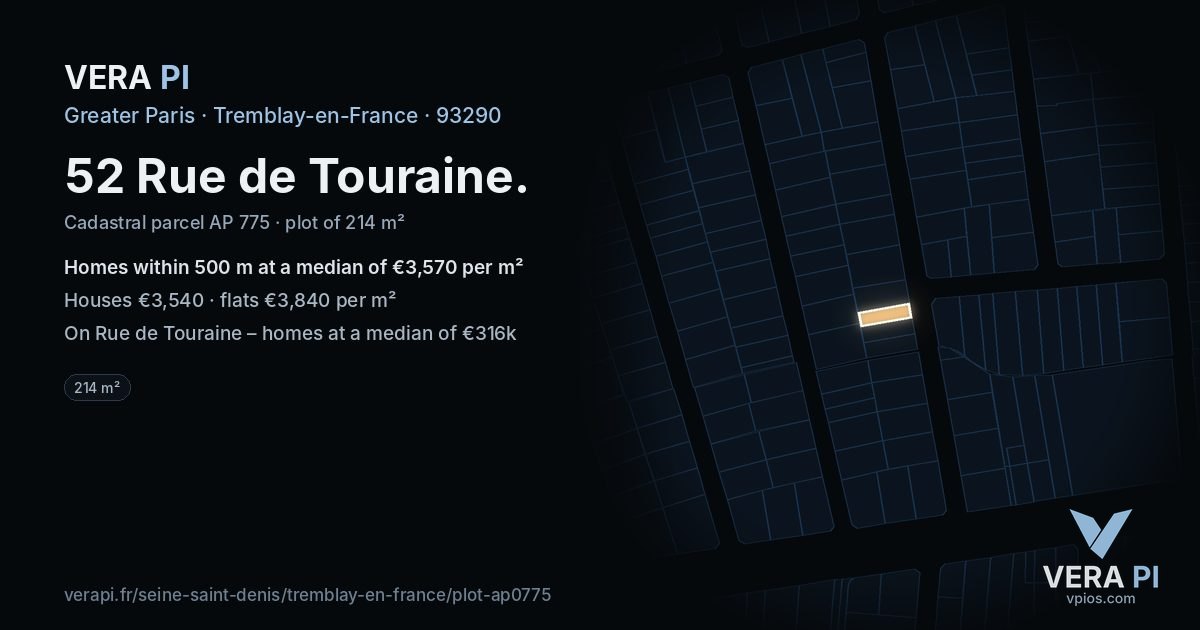 52 Rue de Touraine, Tremblay-en-France at night – the plot lit, the parcels around coloured by the prices near them