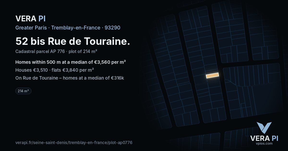52 bis Rue de Touraine, Tremblay-en-France at night – the plot lit, the parcels around coloured by the prices near them