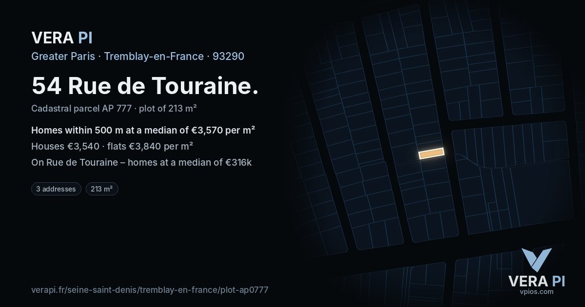 54 Rue de Touraine, Tremblay-en-France at night – the plot lit, the parcels around coloured by the prices near them