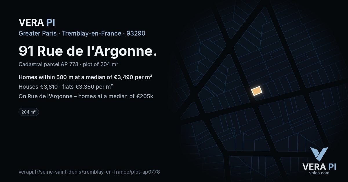 91 Rue de l'Argonne, Tremblay-en-France at night – the plot lit, the parcels around coloured by the prices near them