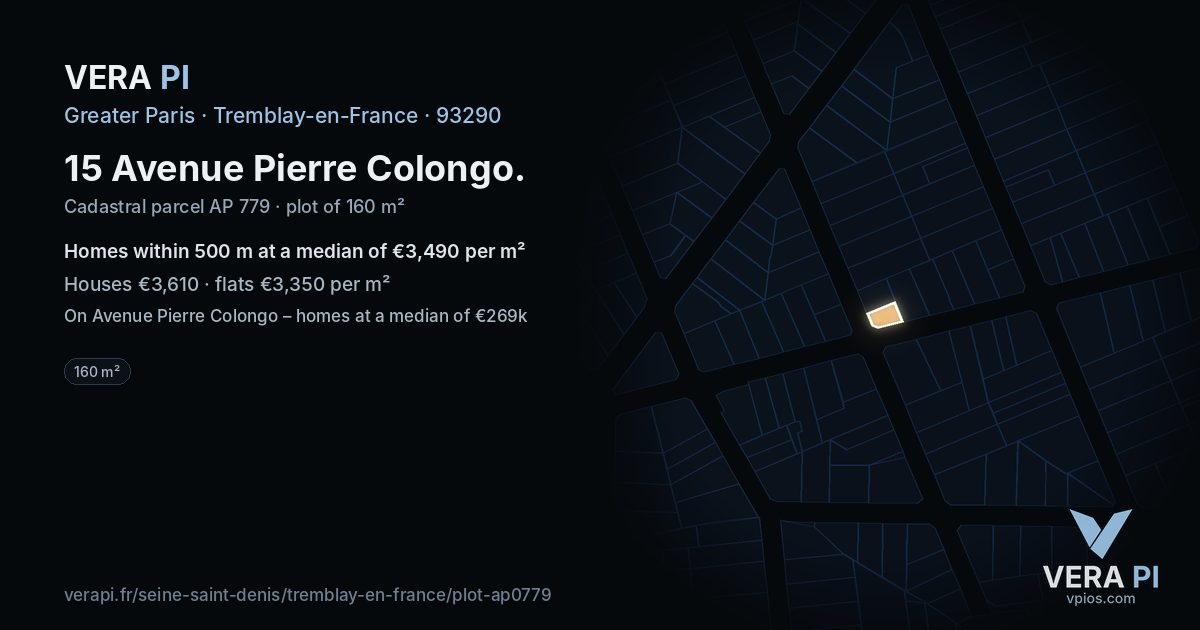 15 Avenue Pierre Colongo, Tremblay-en-France at night – the plot lit, the parcels around coloured by the prices near them